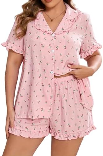 Plus Size 2 Piece Floral Pajamas Set Casual Ruffle