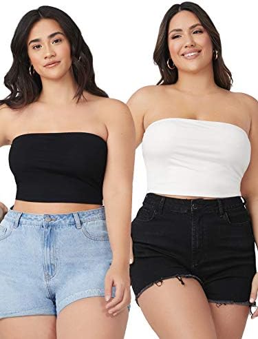 Plus Size 2 Piece Solid Strapless Bandeau Crop Tube Top