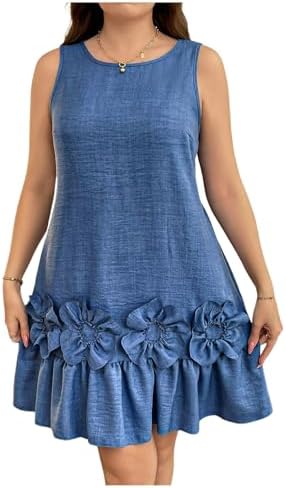 Plus Size 3D Floral Round Neck Short Dress Ruffle Hem
