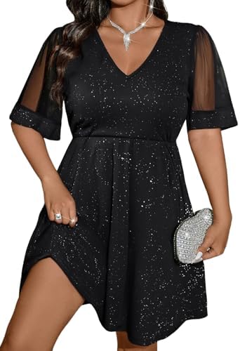 Plus Size A Line Dress Mesh Short Sleeve V Neck Flared