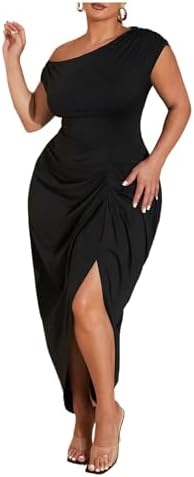 Plus Size Asymmetrical Neck Ruched Slit Hem Cocktail Dress