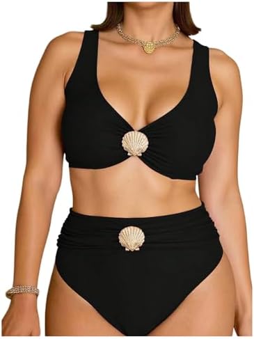 Plus Size Bikini Sets Shell High Waisted V Neck Swimsuit