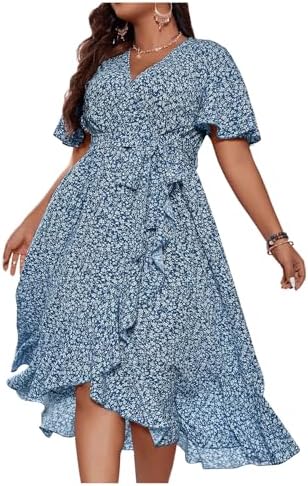 Plus Size Boho Flutter Short Sleeve Ruffle Hem A Line