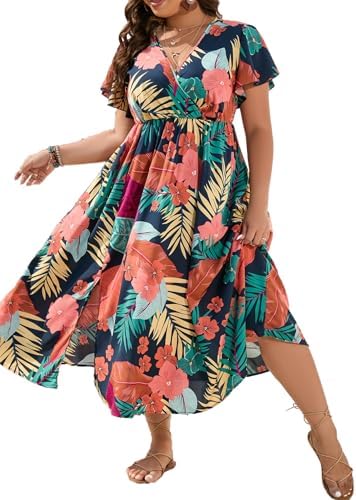 Plus Size Boho Hawaiian Tropical Dresses V Neck Short