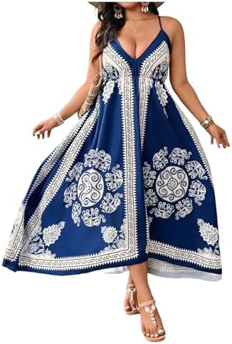 Plus Size Boho Print Cami Long Dress Spaghetti Strap V