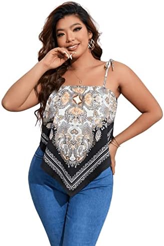 Plus Size Boho Printed Tie Shoulder Sleeveless Hanky Hem