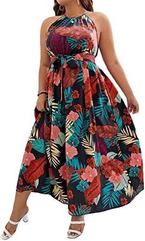 Plus Size Boho Sleeveless Halter Neck Tie Back A Line
