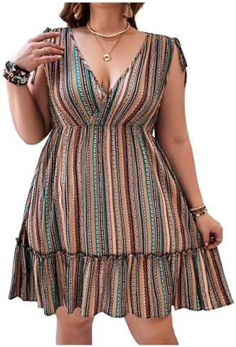 Plus Size Boho Striped V Neck Ruffle Dress Flowy Vacation