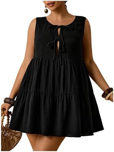 Plus Size Bow Tie Babydoll Dress Sleeveless Tiered Ruffle