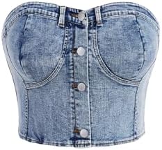 Plus Size Button Down Denim Tube Top Shirred Strapless