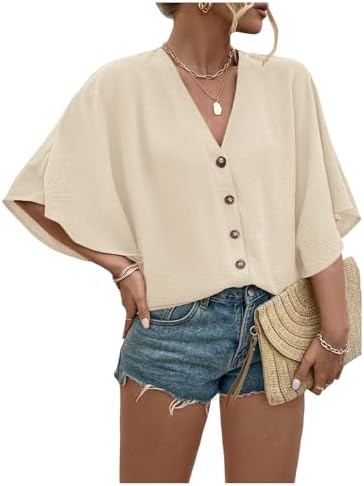 Plus Size Button Down Shirts V Neck Dolman Sleeve Blouses