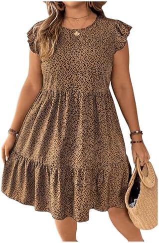 Plus Size Cheetah Dress Flounce Cap Sleeve Ruffle Swing