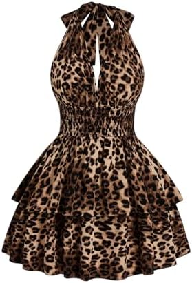Plus Size Cheetah Halter Short Dress Sleeveless Shirred