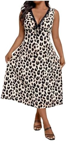 Plus Size Cheetah V Neck Midi Dress Lace Trim A Line