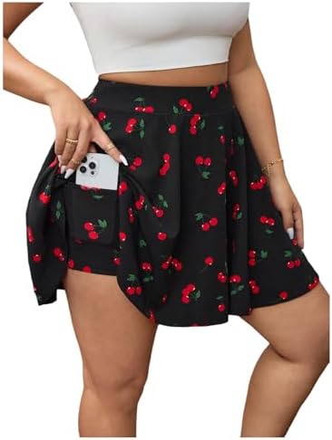 Plus Size Cherry Print Skorts High Waist Wide Leg Cute