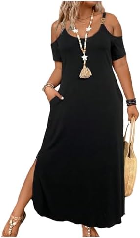 Plus Size Cold Shoulder Maxi Dress Short Sleeve Split