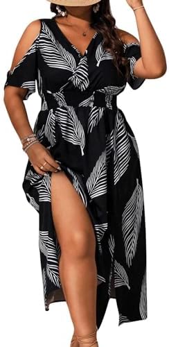 Plus Size Cold Shoulder Sundress Tropical Flared Long