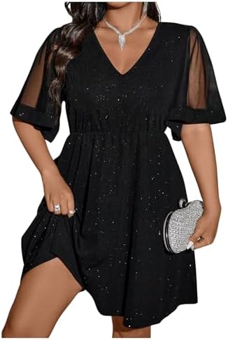 Plus Size Contrast Mesh Half Flounce Sleeve V Neck