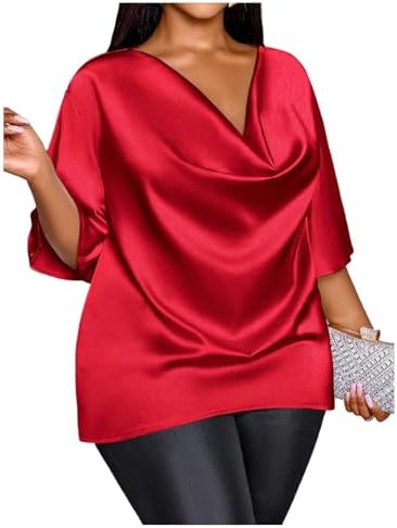 Plus Size Cowl Neck Satin Blouses Half Sleeve Dressy