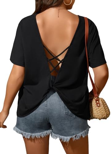 Plus Size Criss Cross Twis Back Short Sleeve Backless T