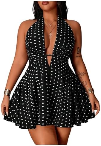 Plus Size Cute Polka Dots Halter Mini Dress Ruffle A Line