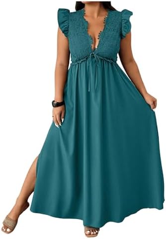 Plus Size Deep V Neck Maxi Dress Summer Ruffle Sleeve