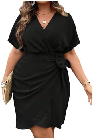 Plus Size Dolman Sleeve Short Dress Ruched Wrap V Neck