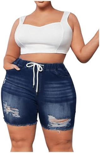 Plus Size Drawstring Waist Ripped Raw Cut Skinny Denim