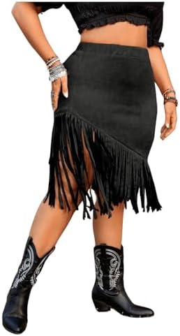 Plus Size Elastic Waist Fringe Trim Western Cowgirl Midi