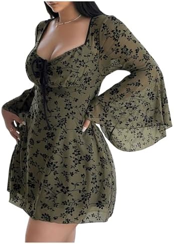 Plus Size Floral Gothic Dress Flare Long Sleeve Mesh