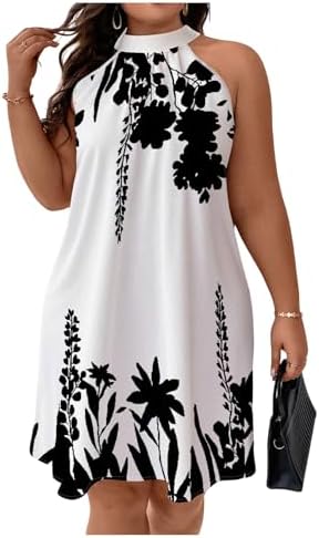 Plus Size Floral Halter Dress Sleeveless Tie Back Summer