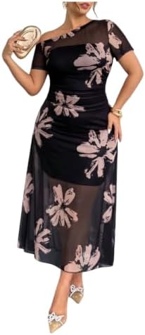Plus Size Floral Mesh Off The Shoulder Long Dress Short