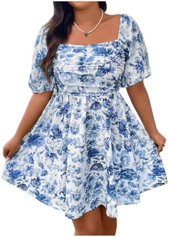 Plus Size Floral Print Dress Vacation Puff Sleeve Ruched