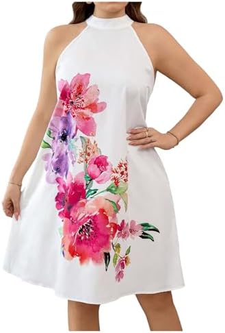 Plus Size Floral Print Halter Dress Summer Tie Back