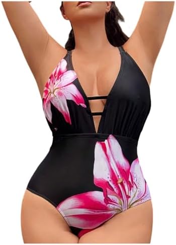 Plus Size Floral Print One Piece Swimsuit Tummy Control