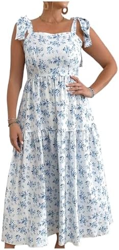 Plus Size Floral Print Tie Shoulder Ruffle Hem Cami Long