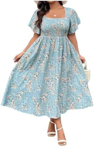 Plus Size Floral Square Neck Short Sleeve Maxi Dress