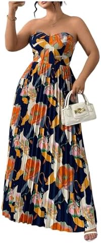 Plus Size Floral Strapless Maxi Dress Pleated Beach