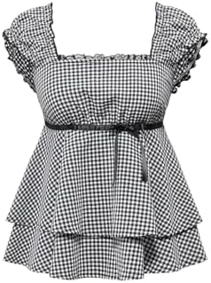 Plus Size Gingham Cute Babydoll Tops Bow Square Neck