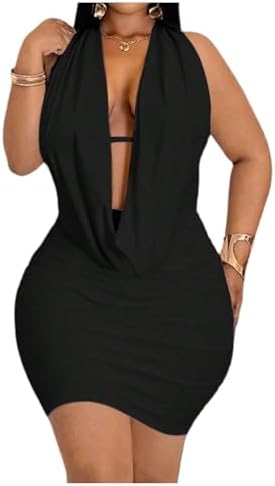 Plus Size Going Out Halter Dress Deep V Cowl Neck Date