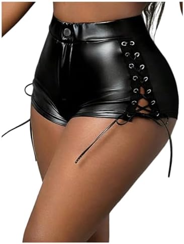 Plus Size High Waisted Leather Shorts Lace Up Side Skinny