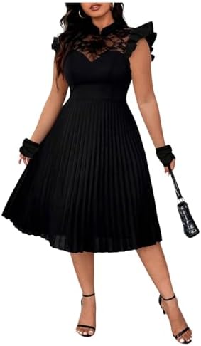 Plus Size Lace Ruffle Cap Sleeve Pleated Party Midi Dress
