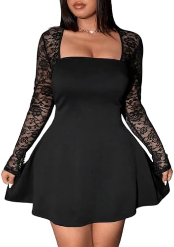 Plus Size Lace Sheer Long Sleeve Square Neck Mini Dresses