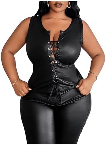 Plus Size Leather Sleeveless Tank Top Lace Up Music