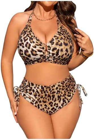 Plus Size Leopard 2 Piece Bikini Sets Triangle Halter
