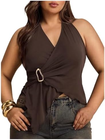 Plus Size Metal Ring Wrap Halter Tops Sleeveless