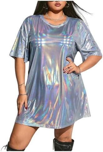 Plus Size Metallic PU Leather T Shirt Rave Outfits Dress