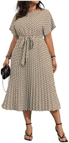 Plus Size Midi Dress Short Sleeve Pleated A Line Dresses