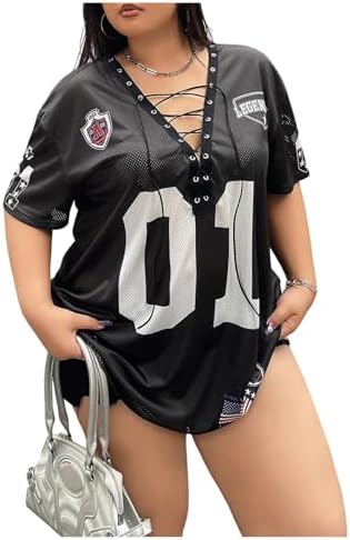 Plus Size Number Jersey Shirts V Neck Lace Up Front