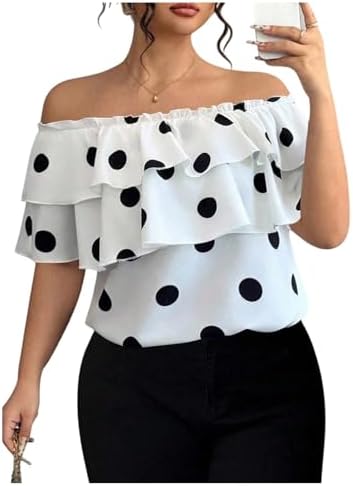 Plus Size Off The Shoulder Tops Layered Ruffle Polka Dots